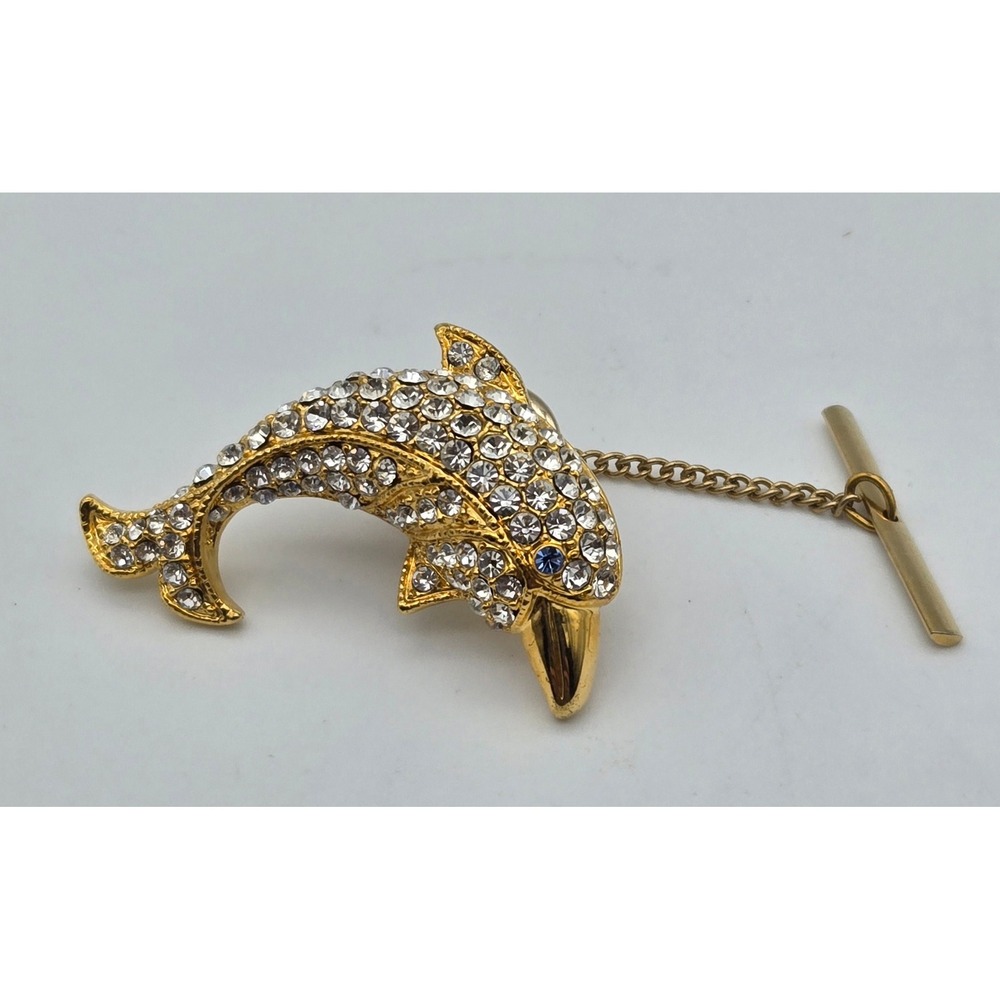 Rhinestone Dolphin Vintage Gold Tone Tie Tack Blue Eye T-Bar Pin Statement Piece
